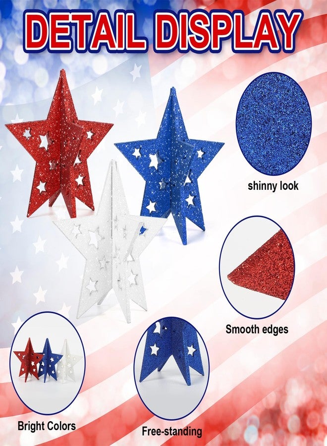 COCHIE 6 Inch Labor Day Decorations Wooden Stars Set, 3D Glitter Star Memorial Day Tiered Tray Decor, 4th of July Red White Blue Patriotic Decoration for Home Table Desk Door Shelf (Cutout, Set of 3) - Image 3